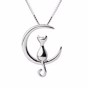 Kitty Cat Sits on A Silver Moon Necklace